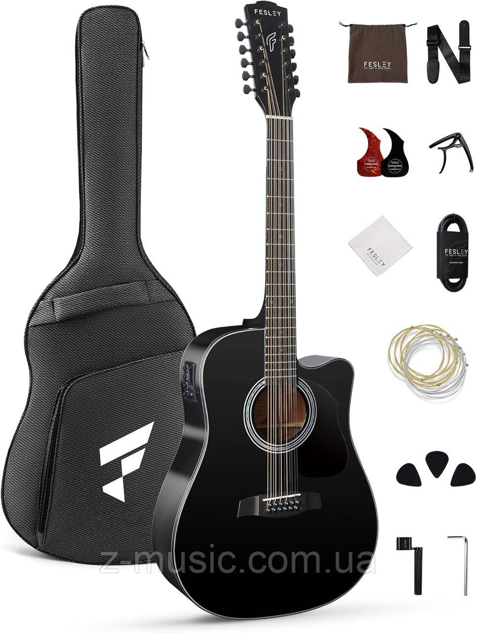 Гітара електро-акустична 12-тиструнна Fesley FDET280C BK (комплект), фото 1