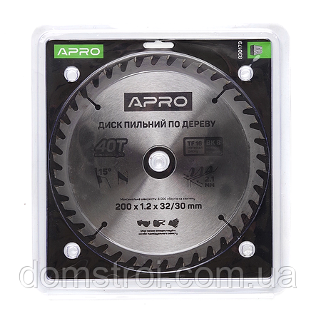 Диск пильний по дереву з твердосплавними напайками APRO (830179) 200×32/30 40T, фото 2