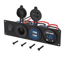 Панель із двома USB-роз'ємами, розетка гніздо прикурювача, світлодіодний вольтметр та світлодіодний вимикач