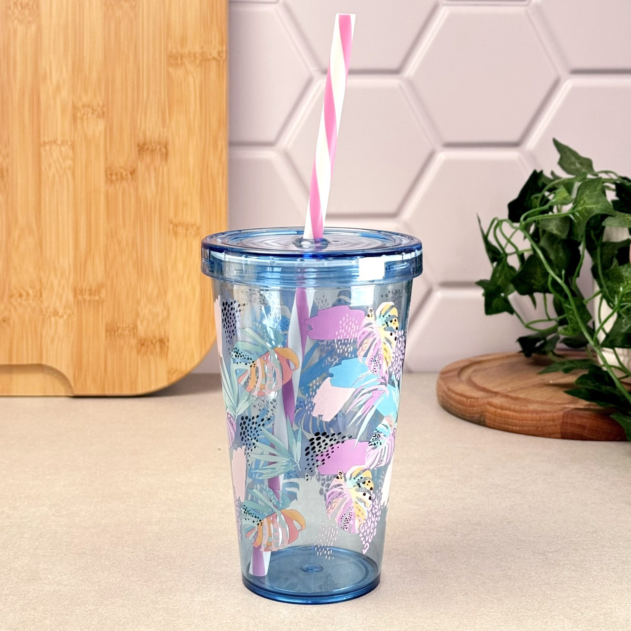 Склянка з трубочкою 0,66 л блакитний декор Leaf Herevin