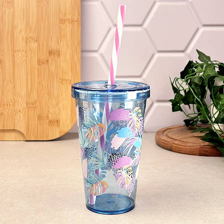 Склянка з трубочкою 0,66 л блакитний декор Leaf Herevin, фото 1