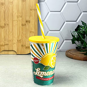Склянка з трубочкою 0,65 л жовтий декор Lemonade Herevin, фото 1