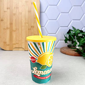 Склянка з трубочкою 0,65 л жовтий декор Lemonade Herevin, фото 2