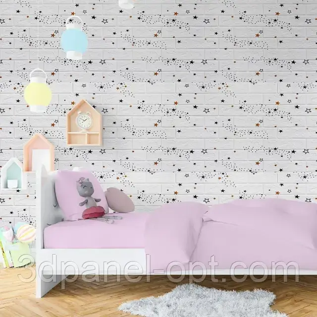 Самоклеюча 3д панель під білу цеглу з зірками 700*770*3мм, 3D панелі самоклеючі, декор для дому, фото 1