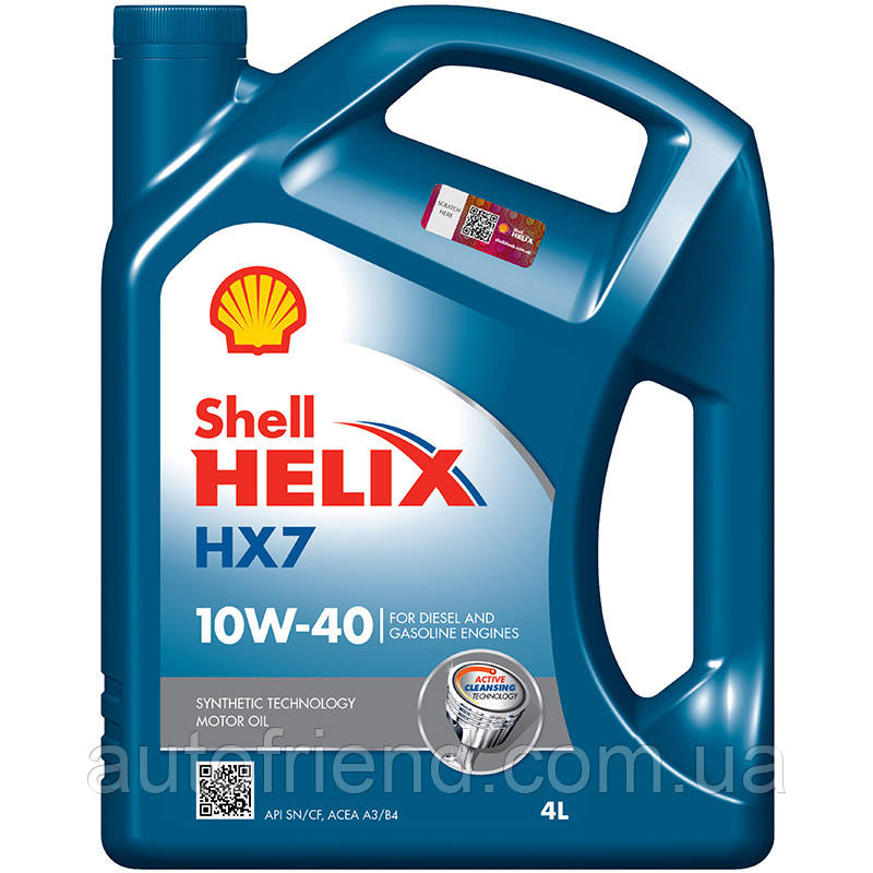 Масло моторное SHELL Helix HX7 SAE 10W-40 API SP ACEA A3/B4 MB 229.3 VW 501.01/505.00 RN 0700/0710 4л (4шт уп), фото 1