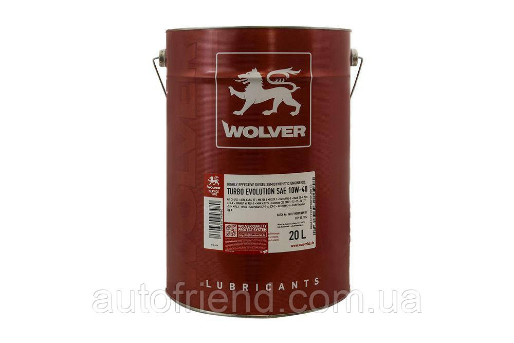 Олива WOLVER Turbo Evolution 10W-40, API CI-4/SL каністра 20л, фото 1