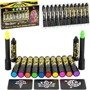 Аквагрим для дітей фарби для обличчя і тіла флуоресцентні (світяться в ультрафіолеті) олівці 12 кольорів