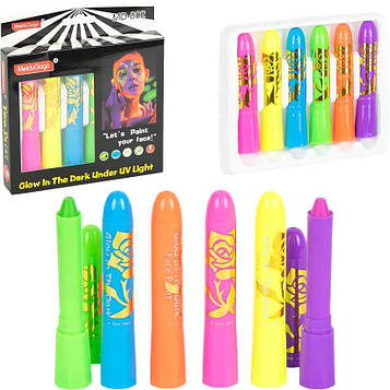 Аквагрим для дітей фарби для обличчя і тіла флуоресцентні (світяться в ультрафіолеті) олівці 6 кольорів