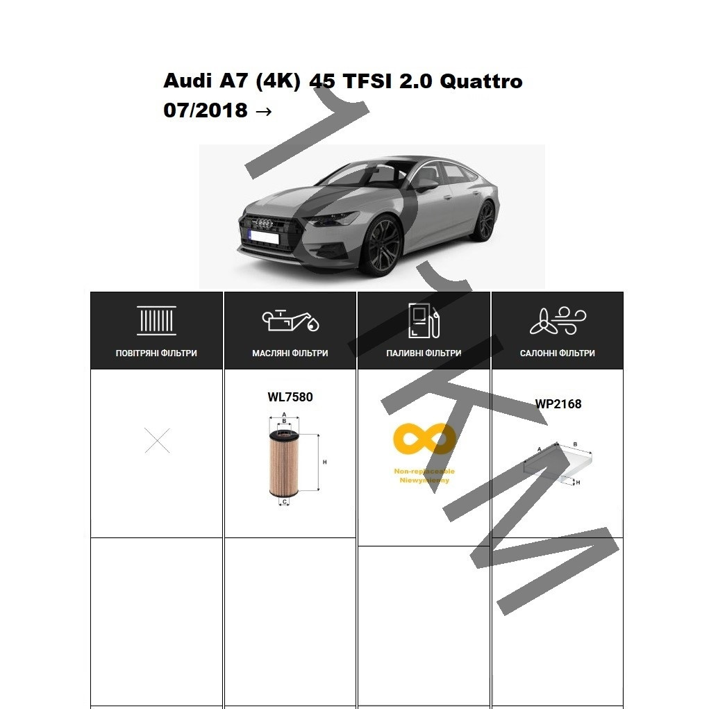 Комплект фільтрів Audi A7 (4K) 45 TFSI (2.0 Quattro) (2018-) WIX, фото 1