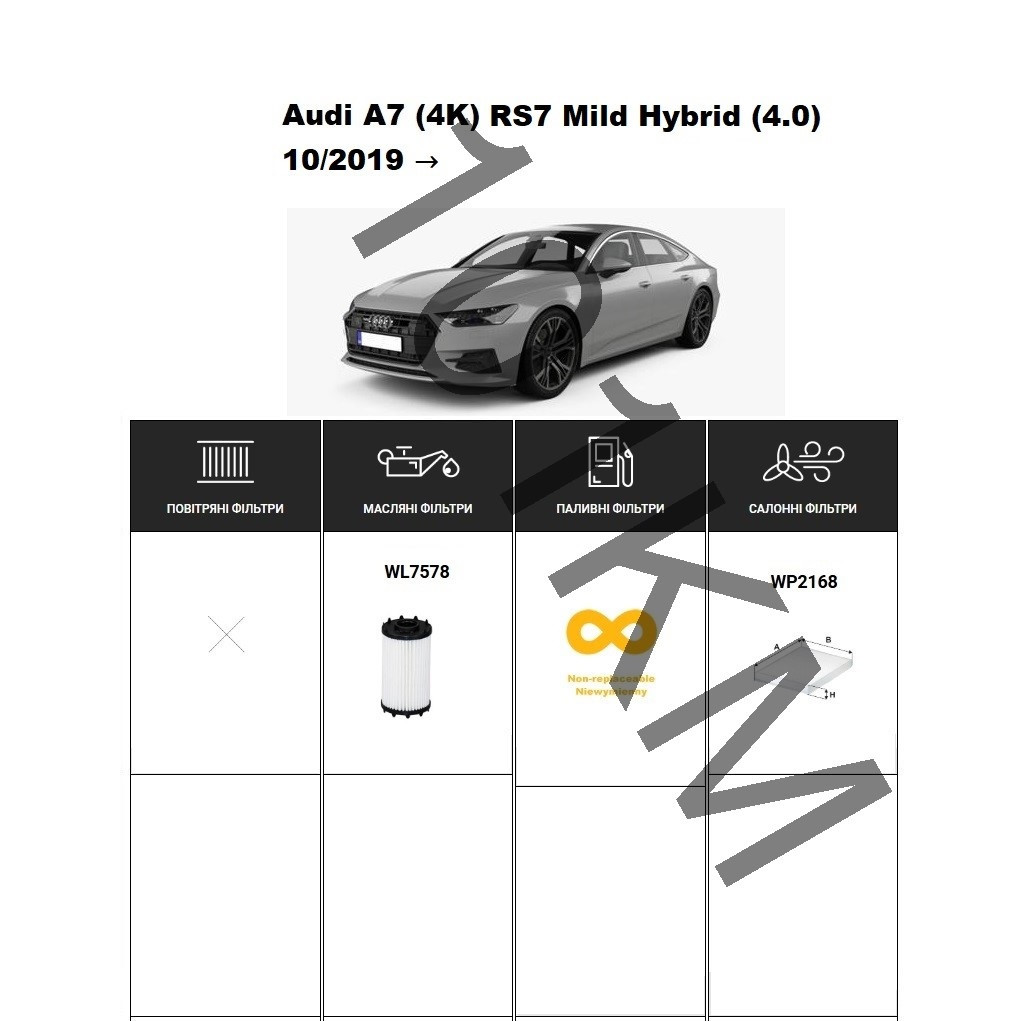 Комплект фільтрів Audi A7 (4K) RS7 Mild Hybrid (4.0) (2019-) WIX, фото 1