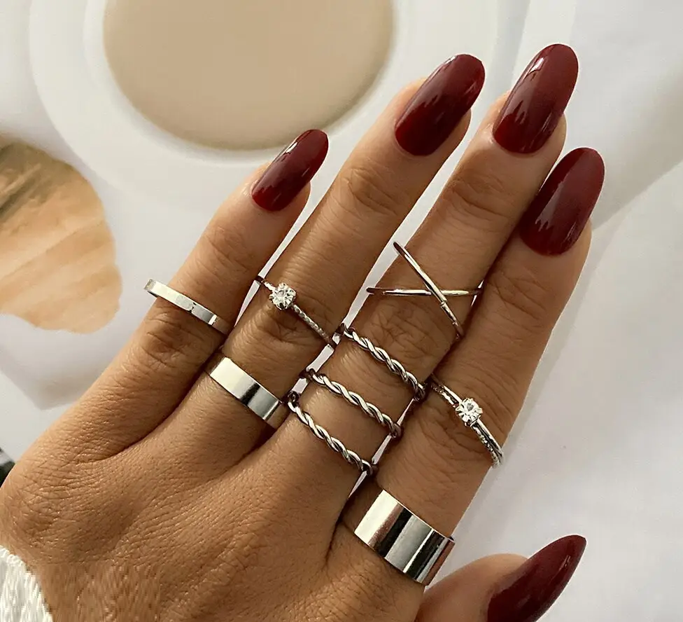 Набір жіночих кілець 9 шт. комплект перстнів геометричні з кристалами срібний колір, фото 1