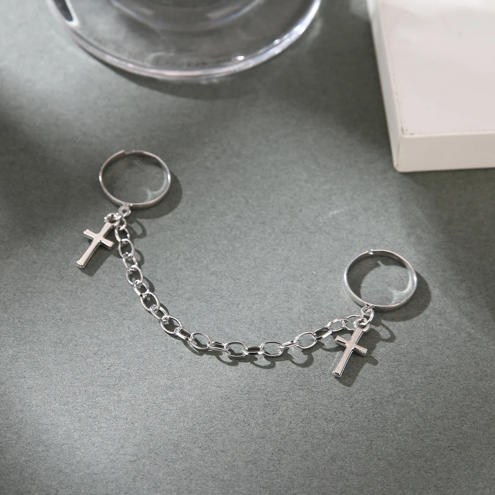 Набір кілець хрестини 2 шт. з'єднані ланцюжком регульовані перстні з хрестом, фото 1