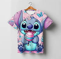 Детская футболка с принтом Стича и сладостей яркий и милый дизайн, 92-98 см
