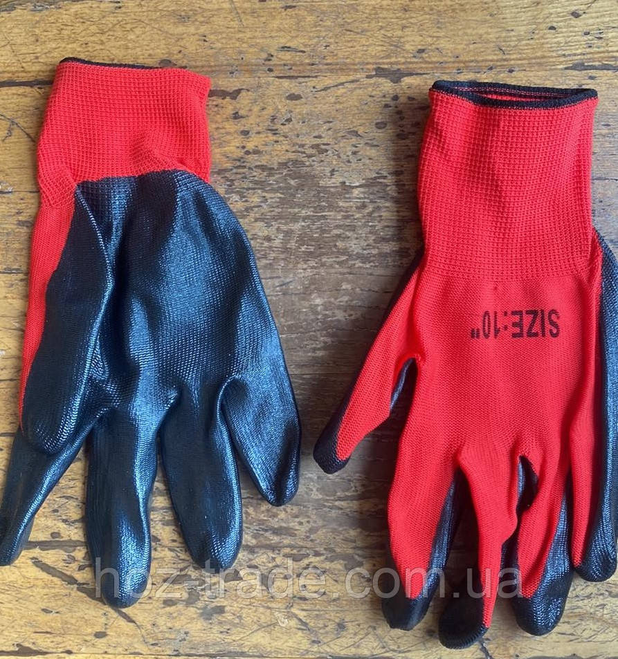 Рукавичка стрейч червона з чорним із латексним покриттям 12 пар паковання