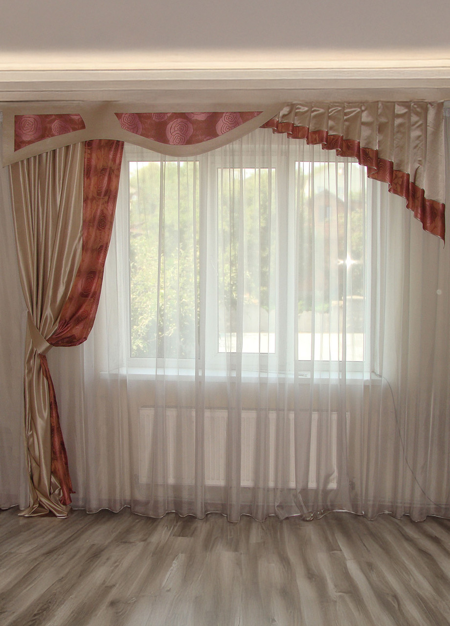Жорсткий ламбрекен зі шторою Firanka Rose 250м бежевий з рожевим (71_7ж), фото 1