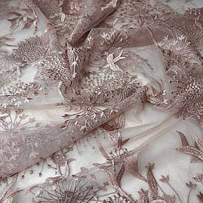 Тканина гіпюр вишита на сітці купон двосторонній Пудра