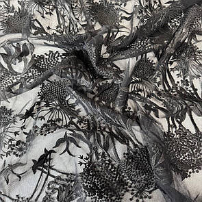 Тканина гіпюр вишитий на сітці купон двосторонній Чорний