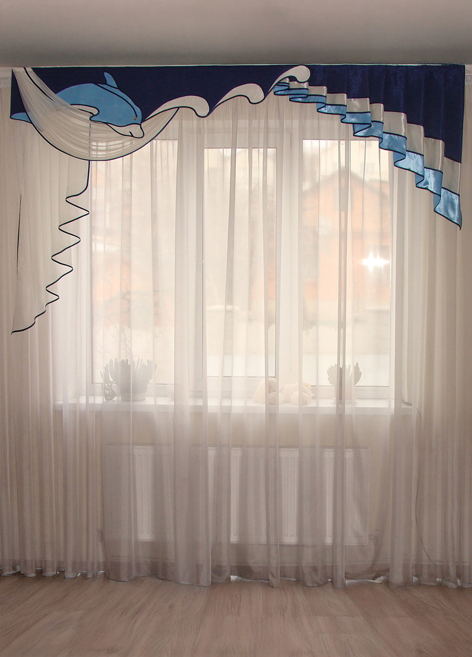 Жорсткий ламбрекен Firanka Морська тема 250см синій з молочним (80_1ж), фото 1