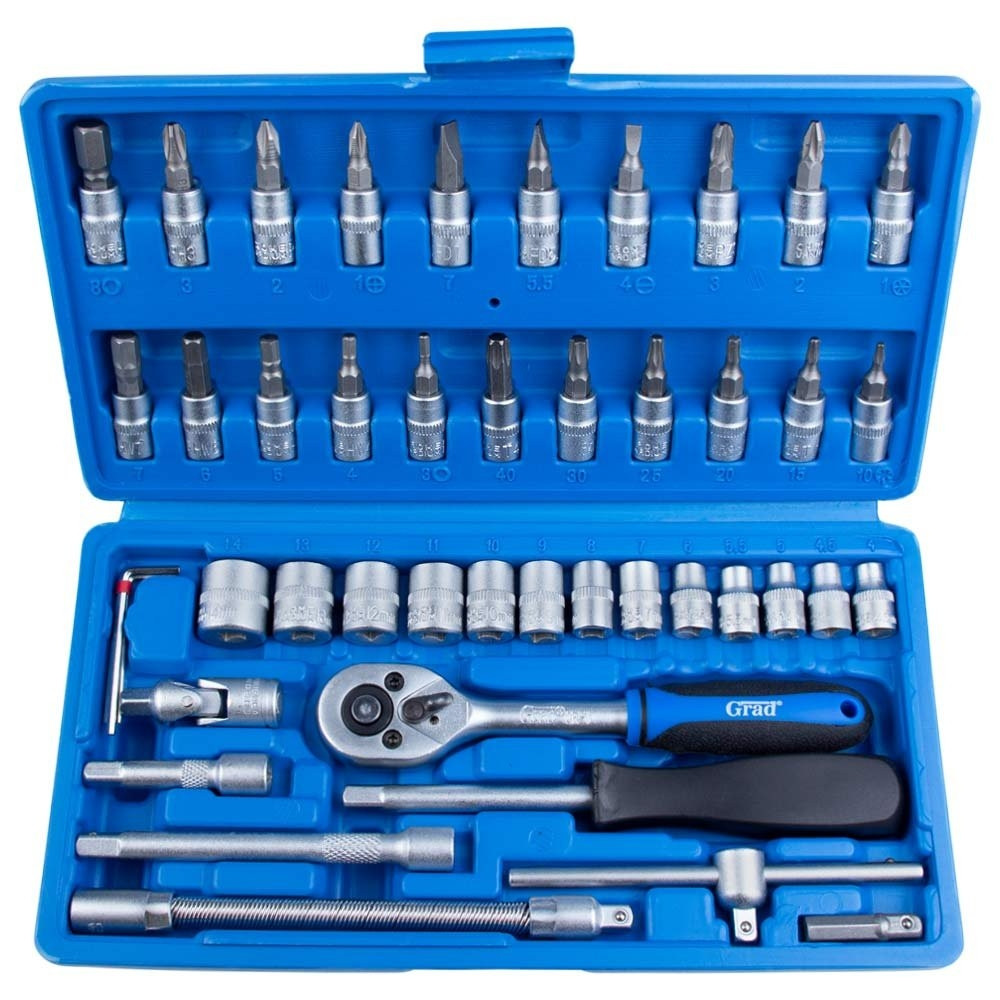 Набір інструментів 46 елементів у кейсі, тріскачка, біти, головки, шестигранники, Cr-V сталь, фото 1