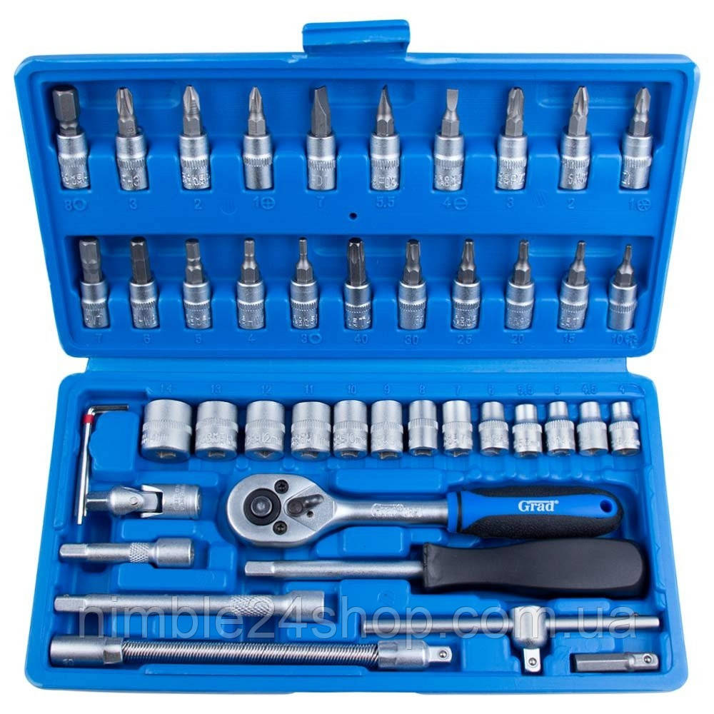 Набір інструментів 46 елементів у кейсі, тріскачка, біти, головки, шестигранники, Cr-V сталь
