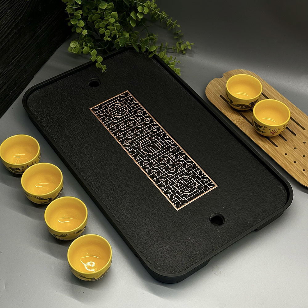 Велика містка чайна дошка з металевою вставкою Чорна 42х25х3,5 см, фото 1