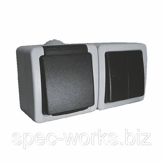 Вимикач 2-кл + розетка з/з вологозахищена IP54 Титан