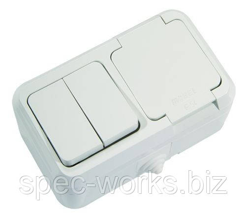36064203 Вимикач 2кл.+ Розетка з кришкою, IP55 Плюс, білий MAKEL