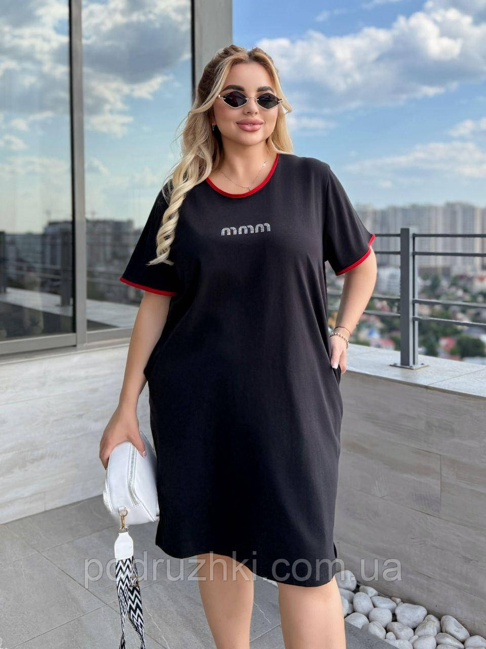 Сукня футболка вільного крою Тканина: кулір бавовна, накат стрази Розмір: 48-50, 52-54, 56-58, фото 1