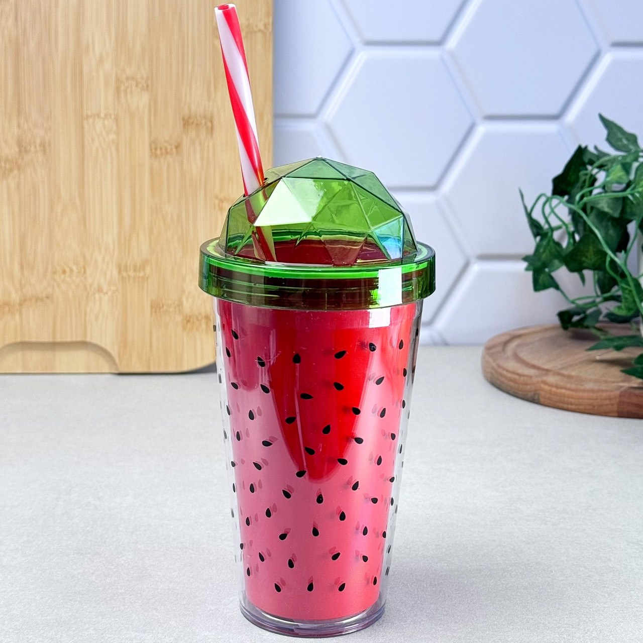 Склянка з трубочкою подвійні стінки 0,54 л декор Watermelon Herevin