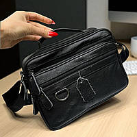 Шкіряна чорна чоловіча сумка через плече містка сумка чоловіча з натуральної шкіри 26х18 см