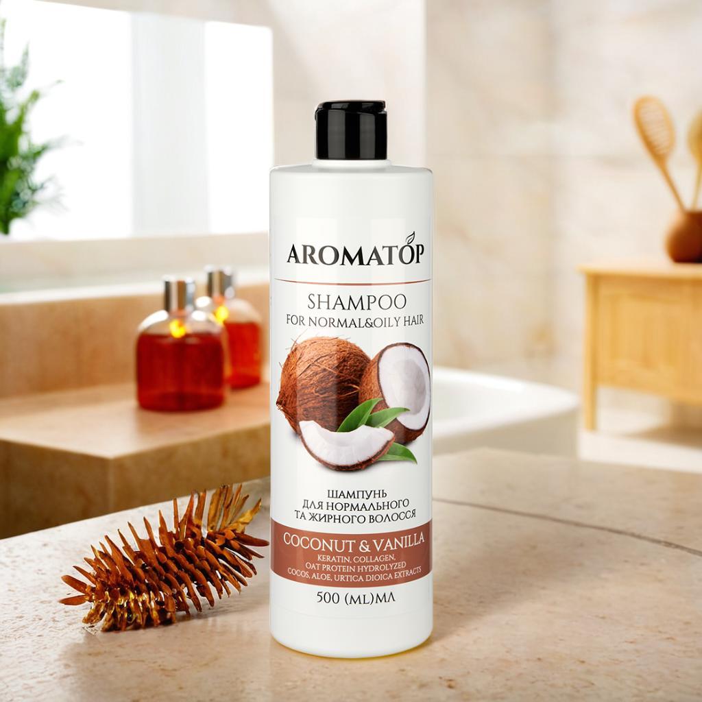 Шампунь для нормального та жирного волосся Кокос-Ваніль Aromatop 500 мл, фото 1