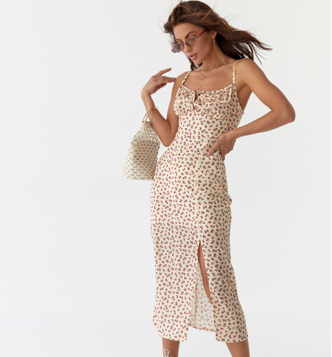 Літній жіночий сарафан міді на бретельках з куліскою на грудях кремова сукня в квіти з розрізом розмір Хл, фото 1