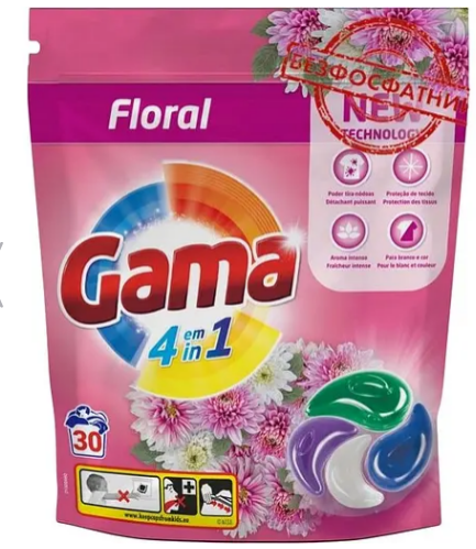 Капсули для прання Gama Floral 4 в 1 з квітковим ароматом 30 шт., фото 1