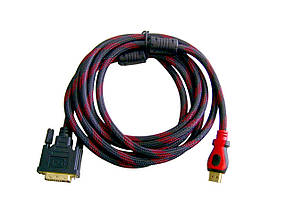 Кабель HDMI-DVI (тато-тато) 1,5м чорно-червоне обплетення (подвійний ферит)