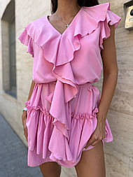 Жіноче плаття в стилі бохо з воланами та рюшами, супер софт, вільний крій, пояс у комплекті, one size 42-48