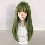 Перука світло-зелена з чубчиком – довжина 61 см термостійка натуральний вигляд, фото 6