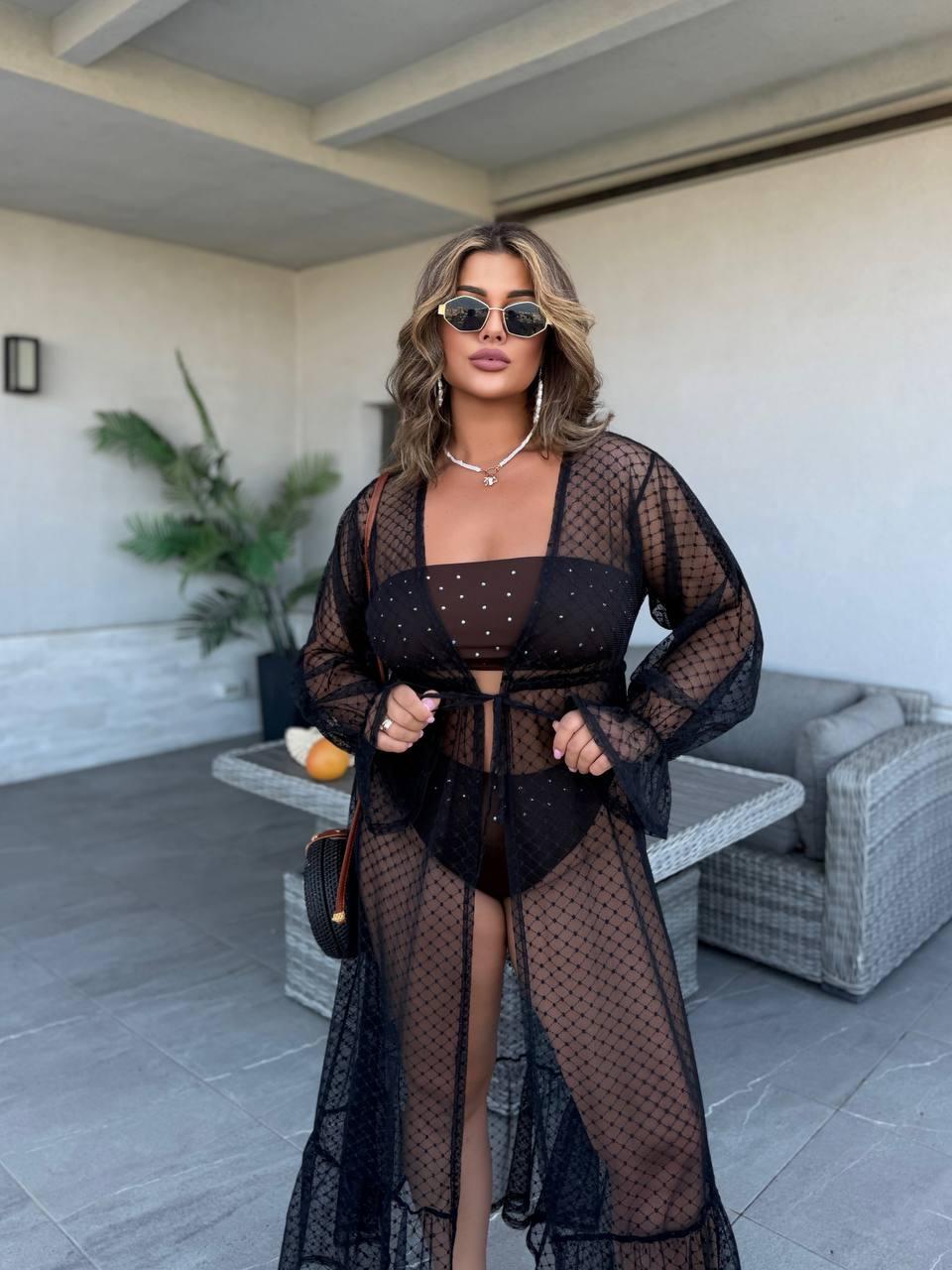 Легке довге парео з сітки з візерунком чорного кольору, фото 1