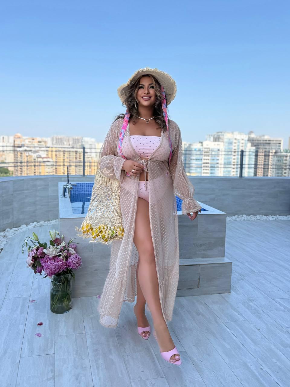 Легке довге парео з сітки з візерунком бежевого кольору, фото 1