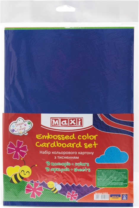Кольоровий картон із тисненням (А4, набір 9 кольорів) Maxi MX21053