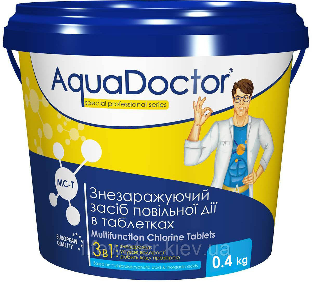 Дезінфектант 3в1 на основі хлору AquaDoctor MC-T (0,4 кг), таблетки по 200 г, фото 1