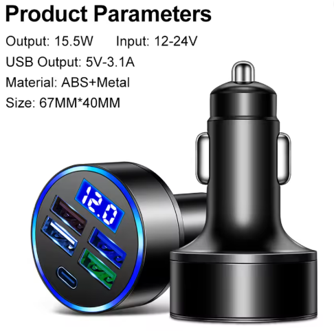 Авто 12-24в 15.5W 3.1A -4USB + Type-C 5-в-1 вольтметр зарядний пристрій, фото 1
