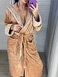 Халат жіночий м'який теплий довгий із капюшоном із поясом бежевий, фото 5
