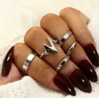 Набір жіночих кілець 5 шт ритм серцебиття комплект каблучки на фаланги срібний колір, фото 1