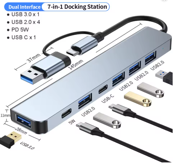USB-концентратор типу C 3.0, 7-в-1 USB-розгалужувач з USB 3.0 4 портами USB 2.0 та 2 портами USB C, USB-розподільник