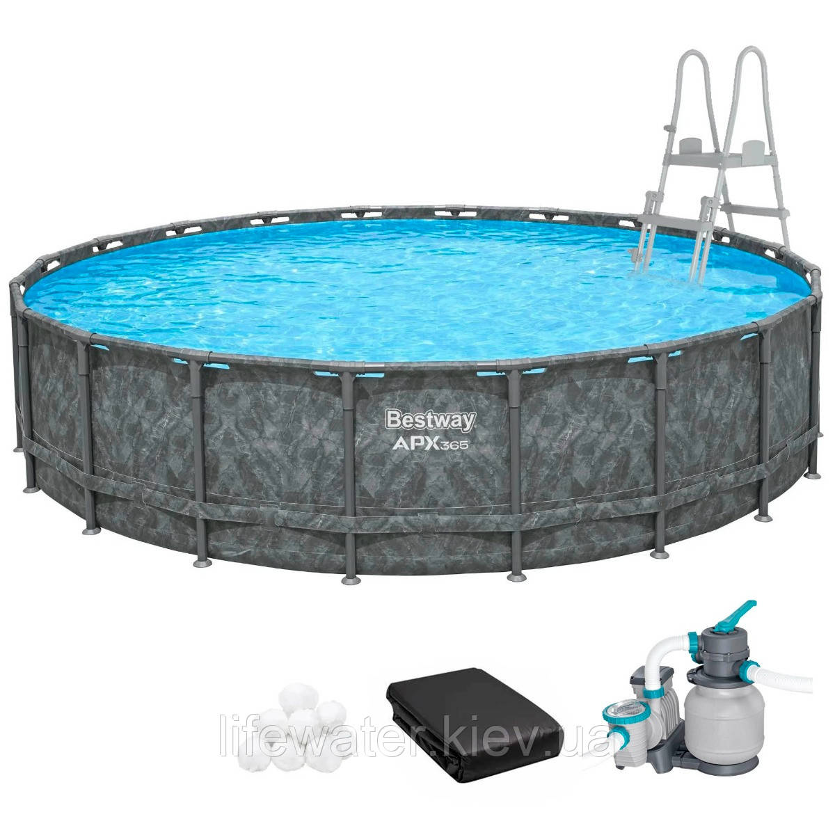 Каркасний басейн Bestway Grey 561JZ (671х132 см) з пісочним фільтром, тентом та драбиною, фото 1