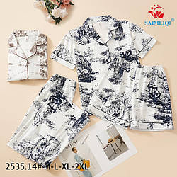 Піжама-трійка (сорочка на ґудзиках із коротким рукавом, шорти, штани). Трикотаж. Розміри: 44, 46, 48,50