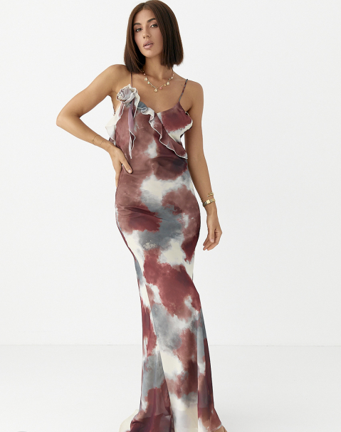 Шифоновий довгий жіночий сарафан до підлоги на бретельках з квіткою бордове літнє вечірнє плаття вечірнє M, Нове, фото 1