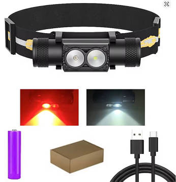 Налобний ліхтарик білий і червоний, з акумулятором 2000 мА·год, заряджання через USB Type-C, для астрономії, кемпінгу