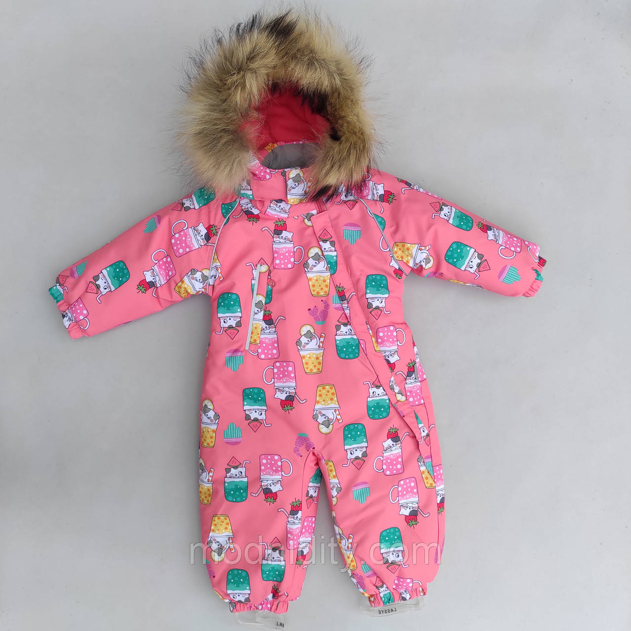 Зимовий дитячий суцільний теплий термокомбінезон на флісі "Котики" кораловий для дівчинки на 3 роки, фото 1