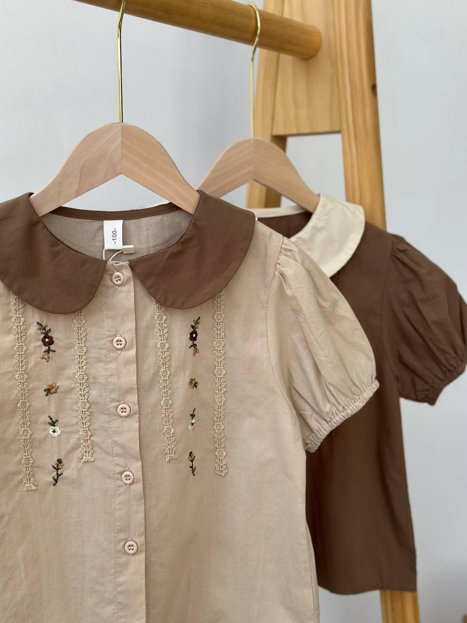 Блузка з вишитими квітами та коричневим комірцем Бежевий 7118, Wutongyu, Молочний, Для дівчаток, Літо, 104, фото 1